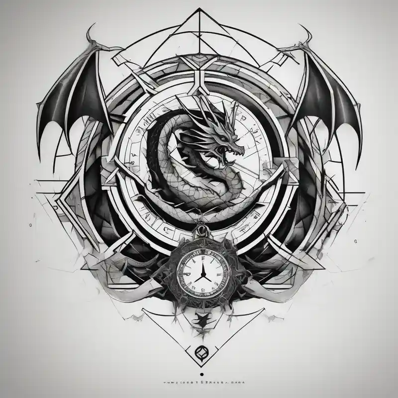 Dark cancer zodiac sign tattoo with dragon and clock on background floral sleeve tattoo